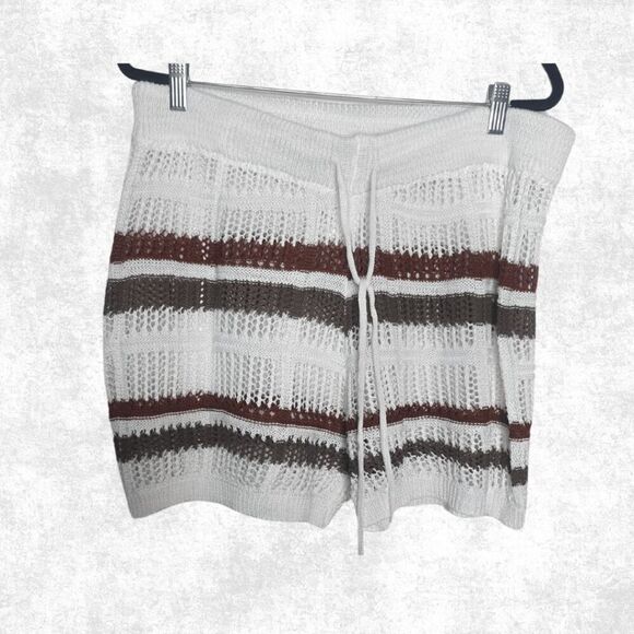 Plus Size 3X Knit Lounge Shorts – Cream Rust Brown Striped Drawstring Boho Beach - Picture 2 of 4